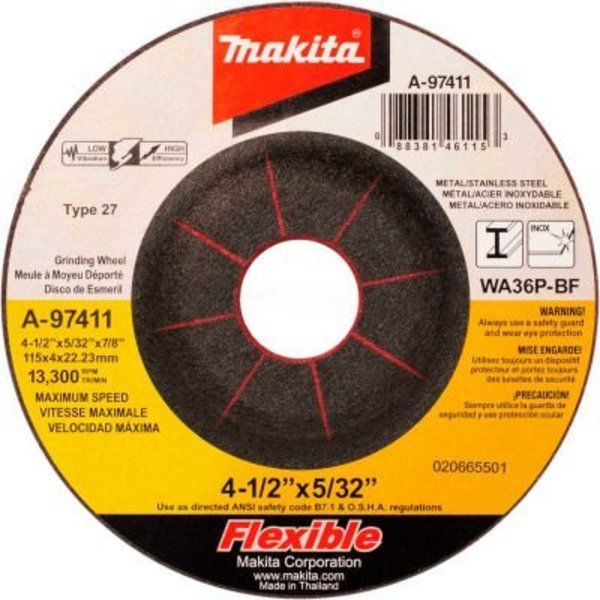 Makita Makita INOX Flex Grinding Wheel, 36 Grit, Type 27, 4-1/2inDia x 5/32in x 7/8in Cntr HoleDia-25/Pk A-97411-25